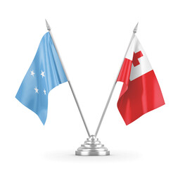 Tonga and Micronesia table flags isolated on white 3D rendering