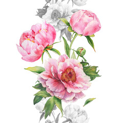 Seamless Border with Watercolor Pink Peonies