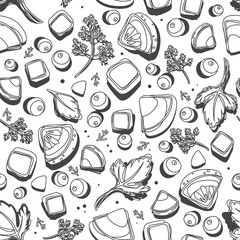 contour black and white seamless pattern of olivier salad ingredients scattered over the background for fabric, wallpaper and paper
