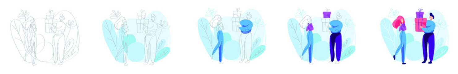 A young man gives a gift to a girl. Step-by-step creation of an illustration from a graphic image to a color one