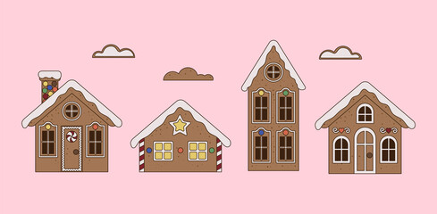 Collection of fabulous sweet Christmas houses. Gingerbread house, Christmas traditional cookie, element. Cartoon style, flat illustration. For websites, wallpapers, posters or banners