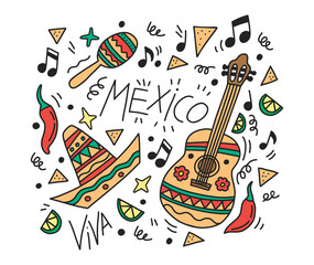 Cute hand drawing with doodle Mexico. Mariachi music, mexican style party, invitation, postcard from travel, nachos, lettering, cinco de mayo, guitar, festival, maracas, fiesta, sombrero, maracas