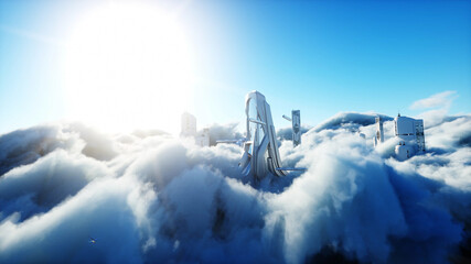 Futuristic sci fi city in clouds. Utopia. concept of the future. Flying passenger transport. Aerial fantastic view. 3d rendering.