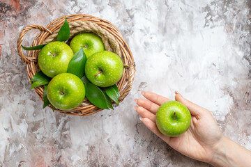 top view sliced green apples inside basket on light background mellow fresh photos color ripe