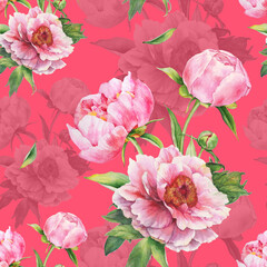 Watercolor pattern with pink peonies