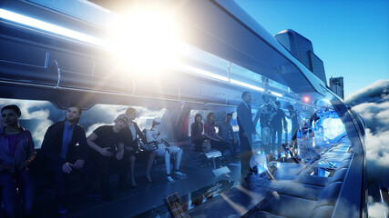 Flying passenger train. Futuristic sci fi city in clouds. Utopia. concept of the future. Aerial fantastic view. 3d rendering.