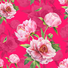 Bright pattern with pink peonies