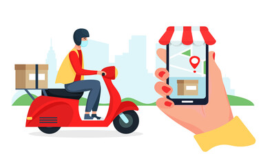 Safe delivery concept, delivery man on red scooter, moped, motorcycle. Vector illustration in flat style