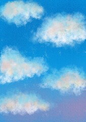 White clouds in the blue sky. Vivid digital painting. Cute illustration for the decor and design of posters, postcards, prints, stickers, invitations, textiles and stationery.