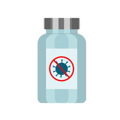 Fototapeta premium Bottle of pills from the coronavirus. Vector illustration of a blue pill box with a crossed out coronavirus sign on a white background