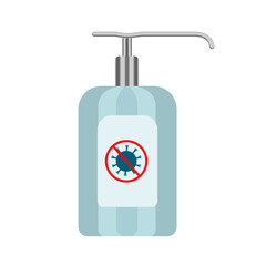 Packaging of gel with a dispenser for hand disinfection against coronavirus. Vector illustration of antiseptic in blue packaging on a white background