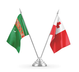 Tonga and Turkmenistan table flags isolated on white 3D rendering