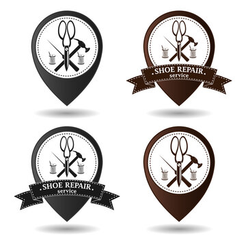 Shoe repair service. Vector image of logo. Trendy concept in old retro style. Geolocation sign