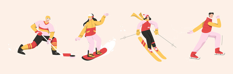 People doing winter sports. Hockey player, skating, ski, snowboard