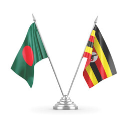 Uganda and Bangladesh table flags isolated on white 3D rendering 