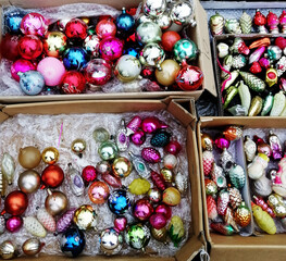 vintage christmas and new year decoration on flee market 