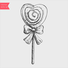 Heart Lollipops in hand drawn style. Spiral candies sketch