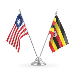 Uganda and Liberia table flags isolated on white 3D rendering