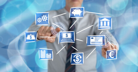 Fototapeta premium Man touching an online banking concept