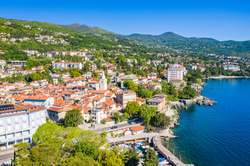 Fototapeta na wymiar Croatia, beautiful town of Lovran, sea walkway, aerial panoramic view in Kvarner bay coastline, popular tourist destination