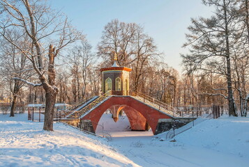 
Gazebo in the Chinese style in the winter snow-covered Alexander Park in Tsarskoye Selo (Pushkin)
