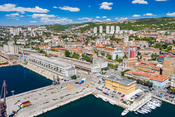 Croatia, city of Rijeka, aerial view of city center, marina and harbor from drone