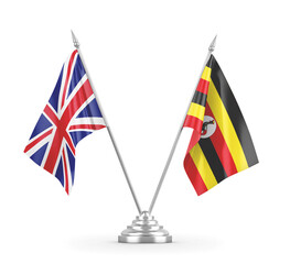 Uganda and United Kingdom table flags isolated on white 3D rendering