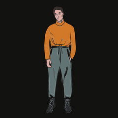 Serious, thoughtful contemporary man. The young man stands and thinks. Sad. Turtleneck, pants, shoes. Clothing, model, wardrobe. Vector isolated image.
