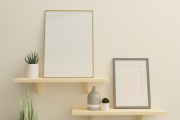 Picture frame placed on the shelf with flower pots.