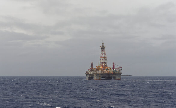 The Alpha Star Drilling Rig on location on the Albacora Field offshore Brazil in the South Atlantic on a grey evening in fresh weather.