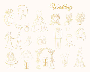 Golden wedding elements. Gold vector isolated bride, groom, dress, hands, floral and other celebration elements for engagement . Hand drawn illustration for marrige ceremony.
