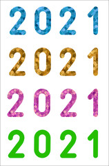 Vector image of 2021 in different colorb - golden, green, pink, blue