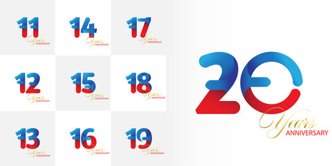 set 11, 12, 13, 14, 15, 16, 17, 18, 19, 20 Year Anniversary celebration Vector Template Design Illustration