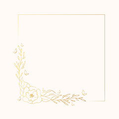 Gold floral corner wreath for wedding card. Vector isolated golden elegant flower border. Flourish square frame. 