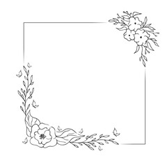 Floral corner wreath for wedding card. Vector isolated elegant flower border. Flourish square frame. 