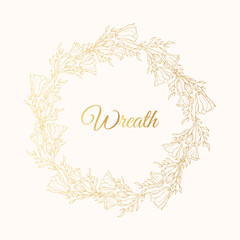 Golden flourish ornate wreath with flowers. Floral gold round frame for wedding card. Vector isolated elegant foliage border. 