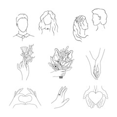 Hands holding flourish flowers. Bride and groom faces with floral bouquets for wedding card. Vector isolated elegant foliage elements. 