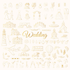 Wedding golden elements including bride, groom, floral branches, buildings for map creating. Vector isolated engagement gold decor. Hand drawn illustration for marrige ceremony.