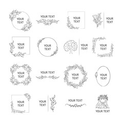Vector isolated elegant foliage wedding badges. Hand drawn branding frames with flowers and floral branches for invitation cards. 