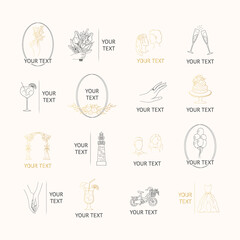 Vector isolated golden elegant, foliage, fancy wedding badges. Hand drawn gold branding frames with flowers, floral branches, engagement elements, cocktails for invitation cards. 