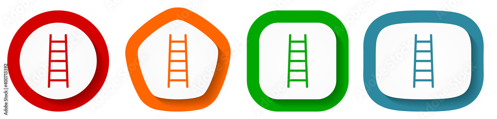Poster ladder, step, climb, tool, level vector icon set, flat design buttons on white background