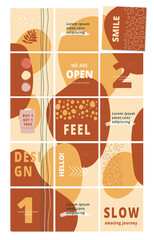 Set of editable puzzle template design for social media post. Boho style abstract backgrounds vector illustration