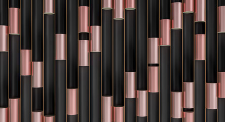 metallic cylinders in black tubes, gold edges, abstract geometric background.