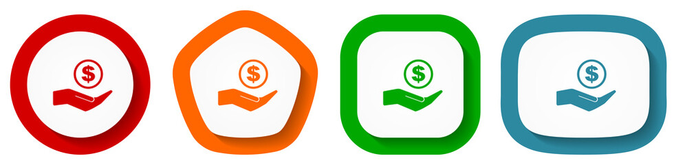Money, cash vector icon set, flat design buttons on white background