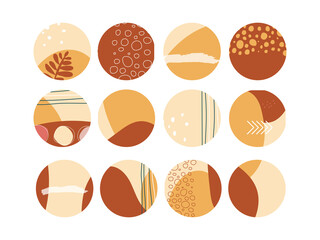 Set of highlight buttons in boho style. Collection of minimalistic circle icon for social media stories. Hand drawn round templates