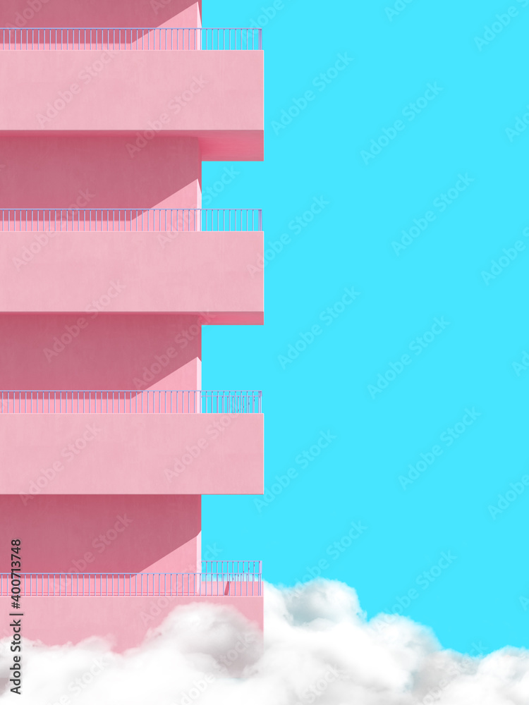 Poster minimal scene of pink building and balcony above the cloud on blue background. 3d rendering.