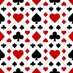 Seamless pattern with Playing card suits. Hearts, Spades, Diamonds, Clubs. Endless background. Vector illustration.