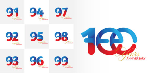 set 91, 92, 93, 94, 95, 96, 97, 98, 99, 100 Year Anniversary celebration Vector Template Design Illustration