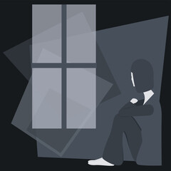 Mental health. Woman looking out the window. Her world falls apart. Colorless vector illustration.