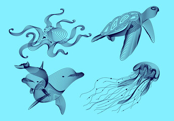 Set marine graphic animals. illustration. The whale,  dolphin, octopus, turtle consist of lines.Digital elements design  for business cards, invitations, gift cards, flyers and brochures, web.